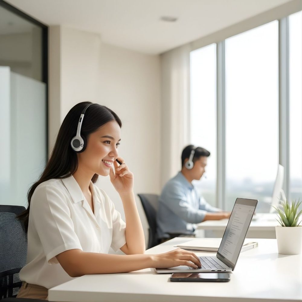 Filipino female customer support agent assisting a client while male teammate works in the background in a Philippines contact center.