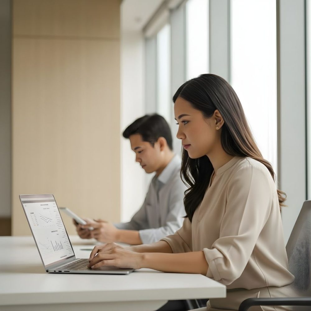 Filipino female market research analyst reviewing survey data while collaborating with a male Philippine office.